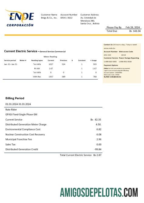 imprimível Modelo de conta de serviços públicos de eletricidade da Bolívia ENDE Corporacion em formato Word e PDF